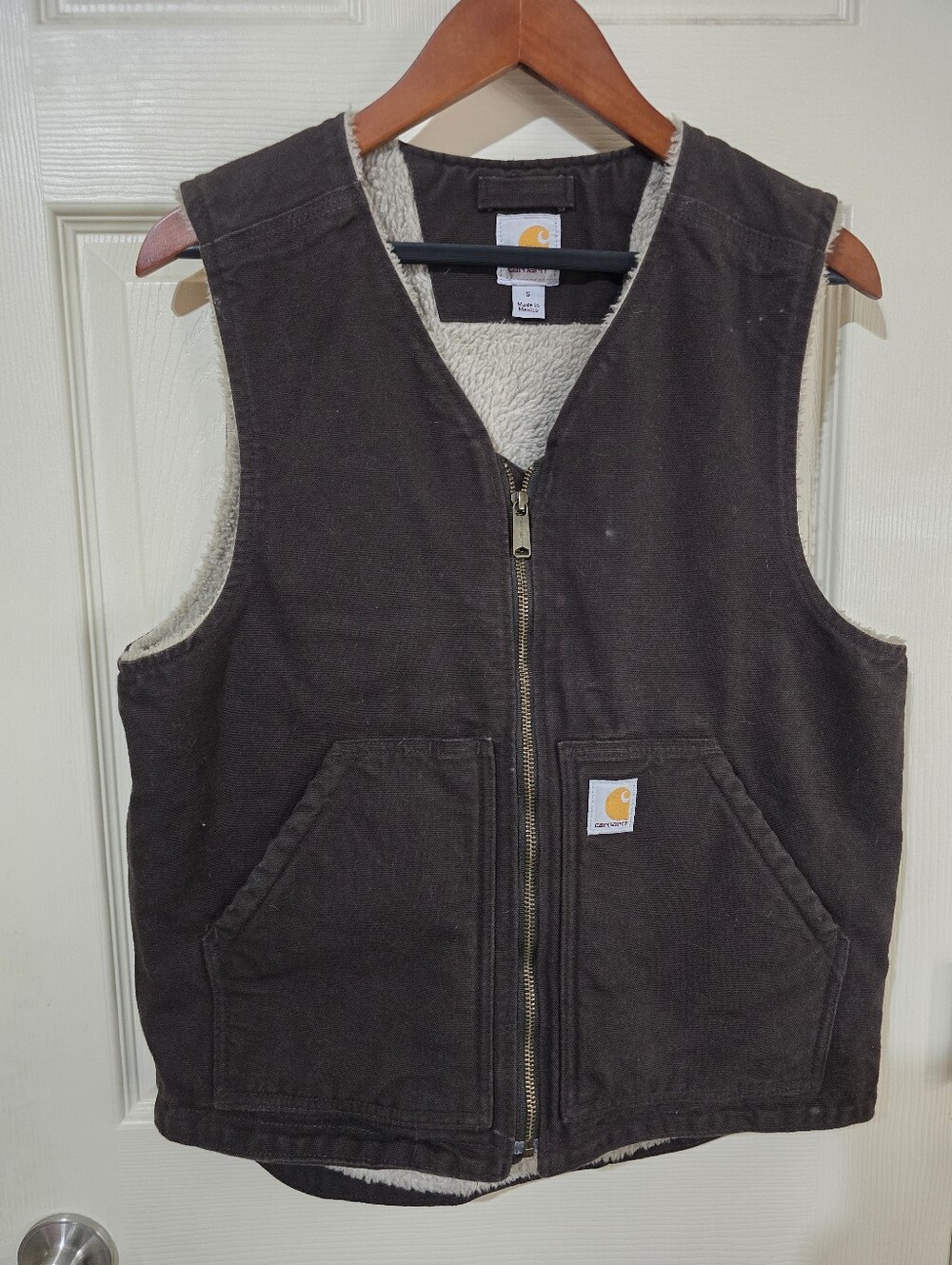 Carhartt Relaxed Fit-Sherpa Lined Canvas-Duck Vest Dk Brown Full Zip SzS